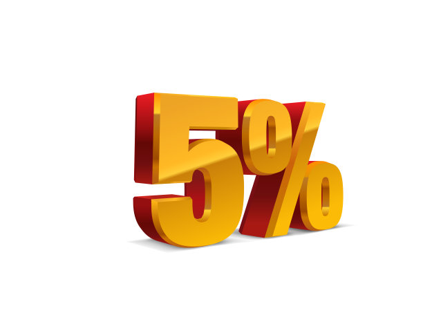 5%折扣，销售背景，金黄色的金属物体3D。Eps10向量。图片下载