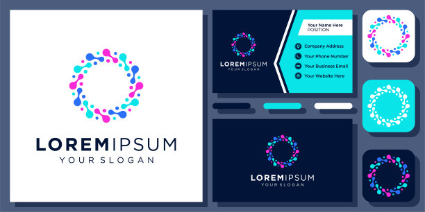 分子彩色离子连接技术数字科学矢量标志设计与名片图片下载