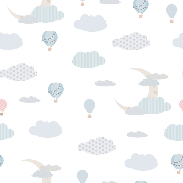 幼稚的无缝的打印。天空中云彩和气球的图案。柔和的色调。救生装置和气球，还有一个旅行篮子。矢量图图片下载