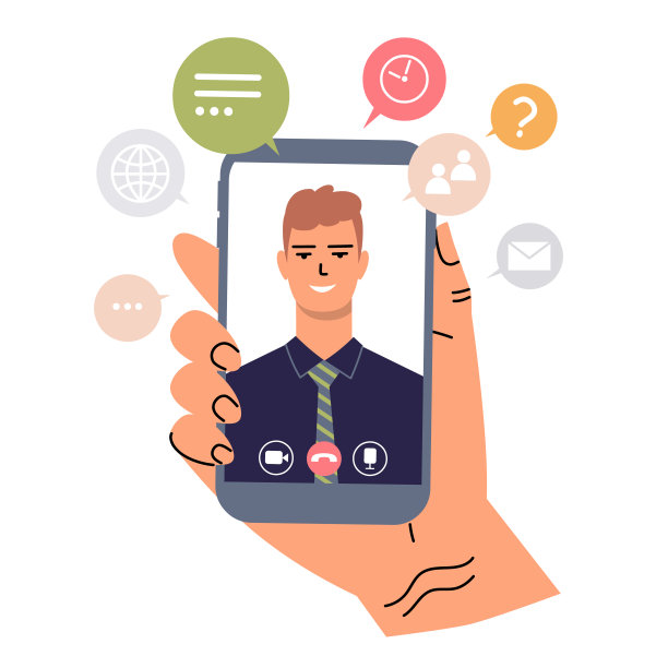 年轻人戴着领带，智能手机屏幕上有一个视频通话图标。男人的手握着电话。概念在线会话，聊天，会议，商务会议，视频通信。图片下载