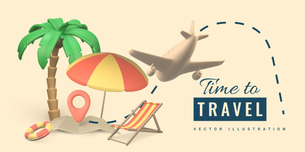 是时候设计旅游促销横幅了。夏季3d现实渲染矢量对象。热带棕榈树、遮阳伞、游泳圈、沙滩椅、飞机。矢量图图片下载