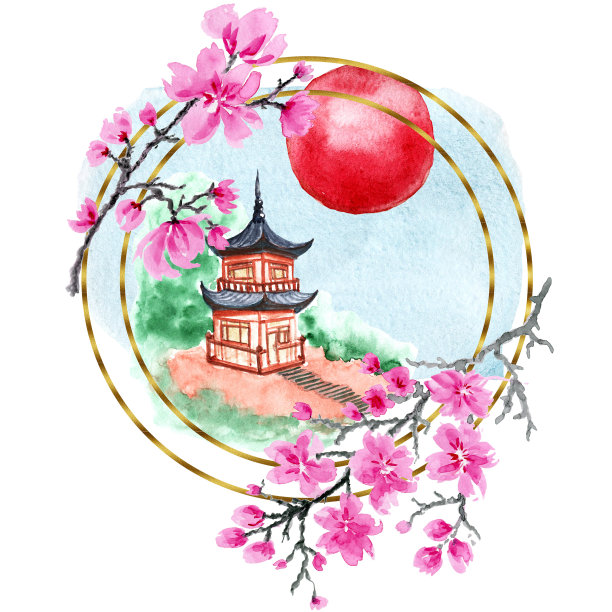 水彩插图。日本樱花园，花园中的凉亭。中国式的景观。图片下载