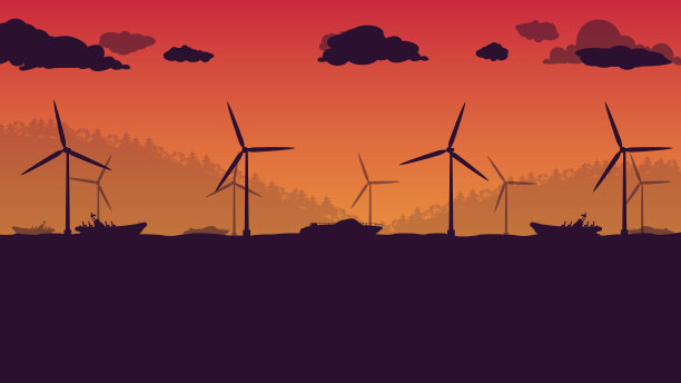 橙色梯度背景下海上快艇和风力发电机的剪影图片下载