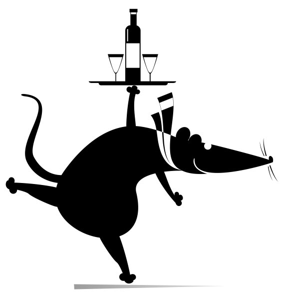 卡通老鼠或老鼠拿着一个托盘和一个瓶子和两个杯子图片下载