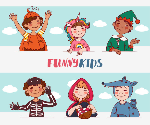 穿着狂欢节服装的可爱孩子们。矢量图图片下载
