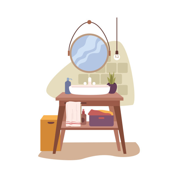 浴室内部家具、水槽、镜子采用平面卡通设计。向量表与洗涤和清洁瓶，水龙头和灯，毛巾和花装饰，篮子的脏布图片下载