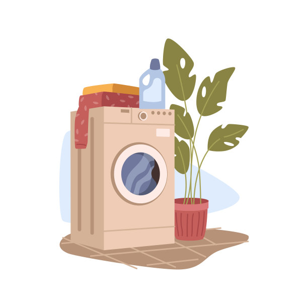 平面卡通洗衣房内部，有洗衣机和花盆中的植物。矢量插图的洗衣机，清洗液瓶，毛巾要洗。现代浴室设备、电器图片下载