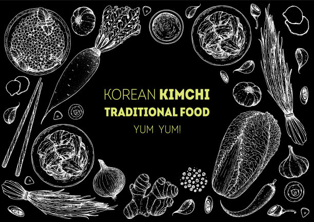 泡菜烹饪及泡菜配料，素描插图。韩国菜。健康食品，设计元素。手绘、包装设计。亚洲食物图片下载