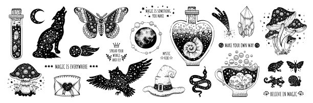 纹身艺术。向量超现实的占星术。宇宙空间纹身打印。魔女天文图形与月亮星蛾狼猫头鹰蛇。描绘波西米亚神秘主义插图。古老的女巫神秘的超现实艺术图片下载