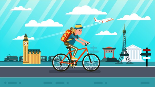 骑自行车的人背着双肩包环游欧洲和世界图片下载