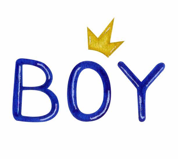 写着小男孩的蓝色方块;水彩手绘插画;可用于婴儿淋浴卡和邀请函;白色孤立背景图片下载