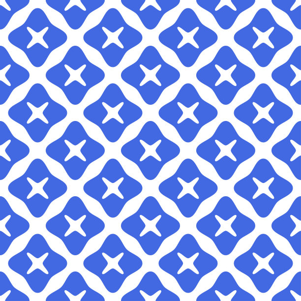 蓝色小圆角方块，菱形和交叉孤立在白色背景上。平铺单色几何无缝图案。矢量简单的平面图形插图。纹理。图片下载