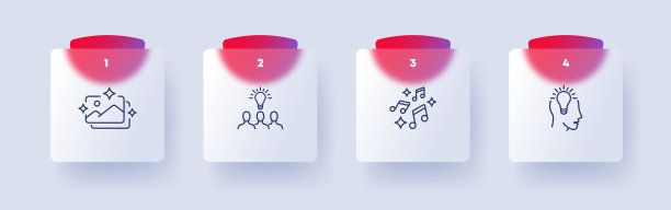 创意思考图标：图像、灯、音乐、艺术、想法、创造力、动力、技能、灵巧、缪斯，灵感概念，玻璃形态风格，商业和广告矢量线性图标图片下载