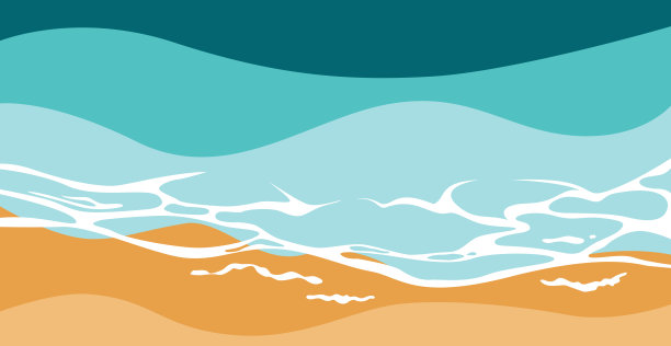 夏季海滩景观与海浪和沙子。泡沫的海浪在沙滩上奔流。手绘背景。矢量插图。图片下载