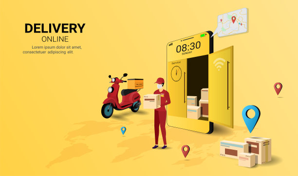 快递员手持摩托车在手机上的包裹盒。网上送货服务。物流和发货。网页设计概念的网站或横幅。3D透视矢量图图片下载