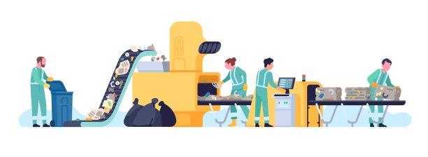 垃圾回收输送机。废物处理厂工人。垃圾分类压缩机。垃圾装配线。从事环保制造业的人员。向量的概念图片下载