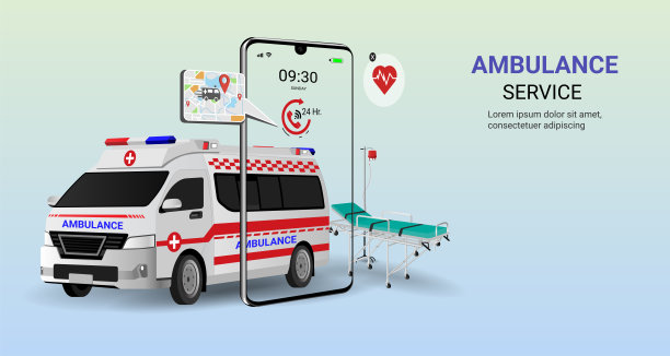 救护车急救服务在线移动应用与救护车车，担架和医疗设备。24小时待命。医疗保健和医疗。数字医疗的概念。3 d矢量图图片下载