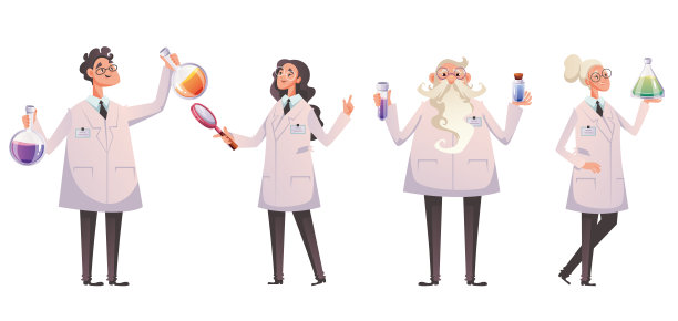 科学家，医生，化学家，字符孤立集。矢量平面卡通图形设计插图图片下载