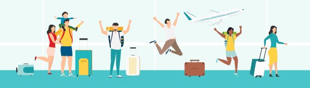 旅行。人们在机场乘坐飞机旅行。夏天休息。家庭旅行。假期和朋友。矢量插图。图片下载