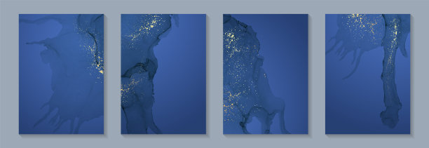 水彩背景与抽象的海军蓝墨水波和金色的飞溅。图片下载