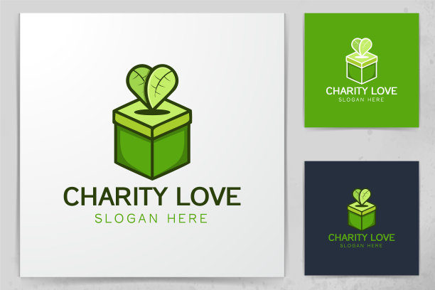 绿色盒子和心形叶子标志设计图片下载