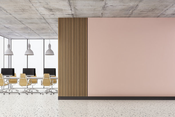 空的办公室内部，有复印空间和水磨石地板和镶板墙上的办公桌图片下载