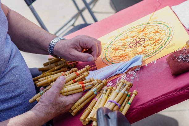 筒子花边，纺织技术，被认为是一种工艺，它由交织线组成，最初缠绕在筒子上，称为筒子，以更好地处理它们。图片下载