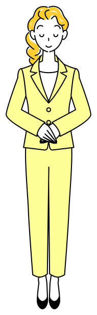 一个穿着西装的漂亮女人的全身站立的形象，她的头微微低下。双手折叠，右手放在顶部矢量图图片下载