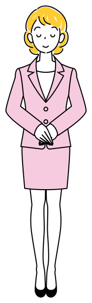 一个穿着西装的漂亮女人的全身站立的形象，她的头微微低下。双手折叠，右手放在顶部矢量图图片下载