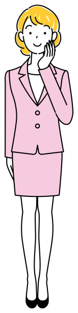 一个穿着西装的漂亮女人，抚摸着她的脸，想着一个积极的解决方案。全身站立插图矢量图片下载