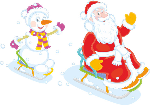 圣诞老人和雪人乘着雪橇从雪山上滑下来图片下载