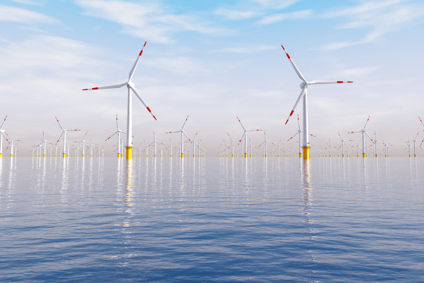 风力发电机场位于白天的公海上。逼真的3 d渲染。新能源概念图片下载