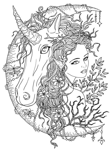 幻想线艺术插图与美丽的公主女孩和独角兽着色。图片下载