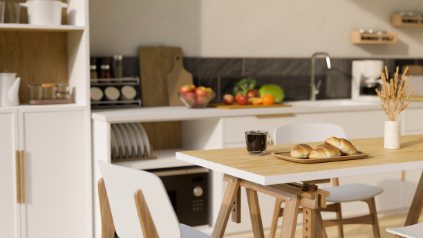 背景中模糊的现代厨房烹饪空间上最小的木制餐桌。图片下载