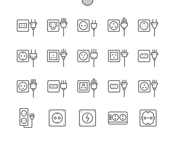 电插座的类型。交流电源插头、电源插座和电源插座。电动地带。完美的像素矢量细线图标。简单的最小的象形图图片下载