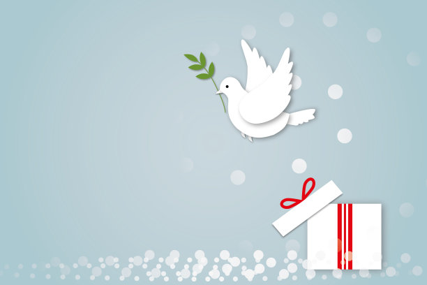 纸白鸽或鸽子携带橄榄枝飞行与礼品盒的背景，世界和平日的概念。图片下载