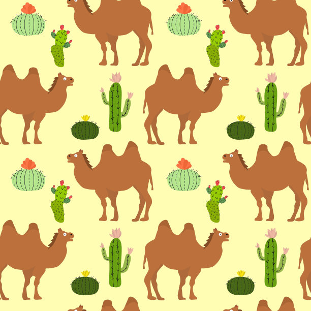 图案有仙人掌和骆驼。矢量插图在彩色背景。图片下载