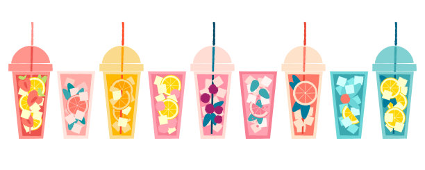 将饮料放入有盖的塑料杯中。矢量平面纹理插图图片下载