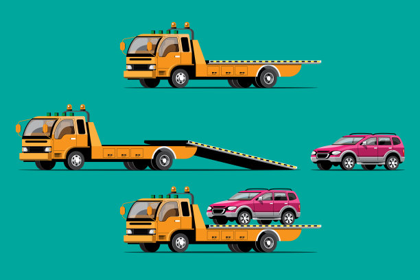 集拖车、卡车、汽车运输矢量插图图片下载