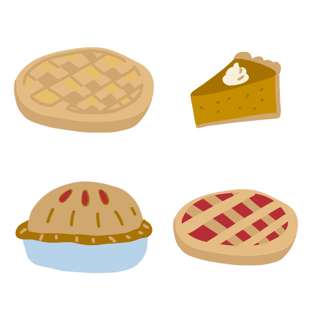 苹果派，南瓜派。可爱矢量感恩节晚餐插图贴纸，贺卡，墙壁艺术，邀请。感恩节大餐。图片下载