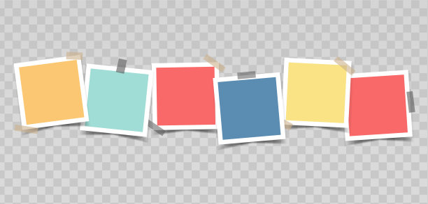 用胶带粘成一排的彩色空相框。矢量现实模型的设计，演示文稿，照片。六张白色边框的方形照片卡。空白的模板。EPS10。图片下载