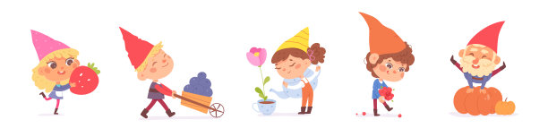 可爱的花园侏儒设置，有趣的男性和女性童话人物抱着浆果图片下载