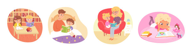 孩子们读书的场景。快乐聪明的孩子学习矢量插图。父亲和儿子躺在床上，母亲和女儿，女孩躺在家里，男孩和朋友在学校图书馆图片下载