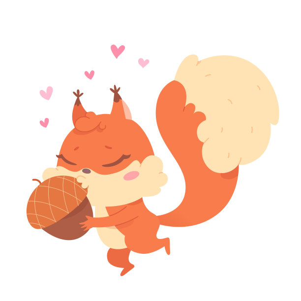 快乐的松鼠性格用尾巴抱着橡果，头顶上有一颗心，寻找礼物图片下载
