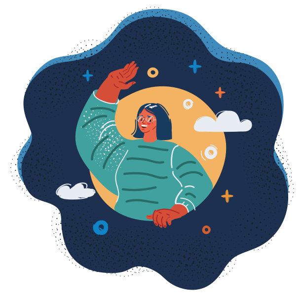 矢量插图的女孩挥手她的手在黑暗的背景。图片下载