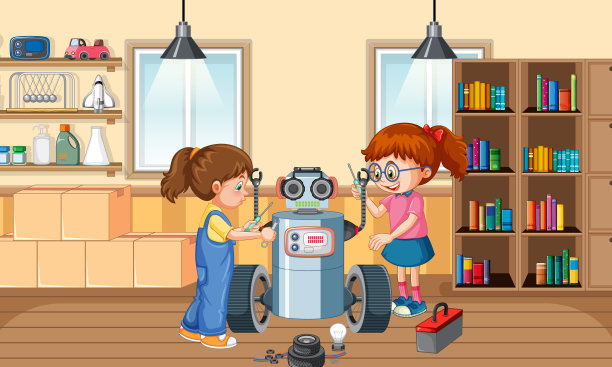 孩子们在房间里一起修理机器人图片下载