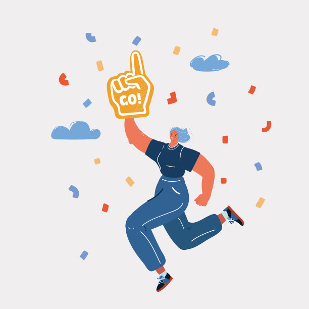 运动爱好者的矢量插图。戴大扇子手套的女人。观众跳起来，享受比赛。图片下载