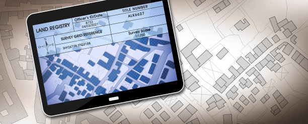 土地登记概念图像与领土的假想地籍图-房产税与土地和建筑物地籍与土地登记文件在数字平板电脑- 3D渲染图片下载