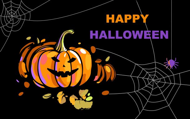 万圣节快乐的黑色背景。橙色带叶子的南瓜和紫色带蜘蛛网的蜘蛛。矢量，横幅，海报，传单。杰克的灯笼上有一张快乐的脸。图片下载