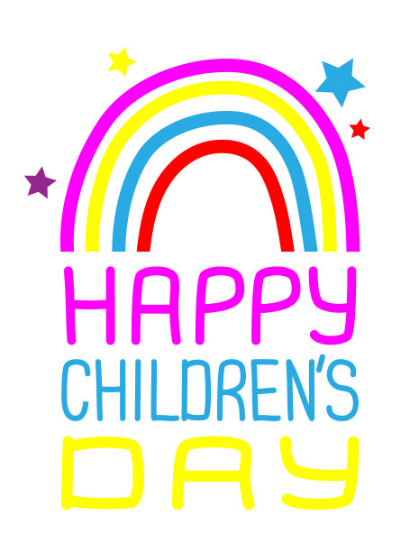 快乐的儿童节卡片手绘字母和彩虹的背景。图片下载